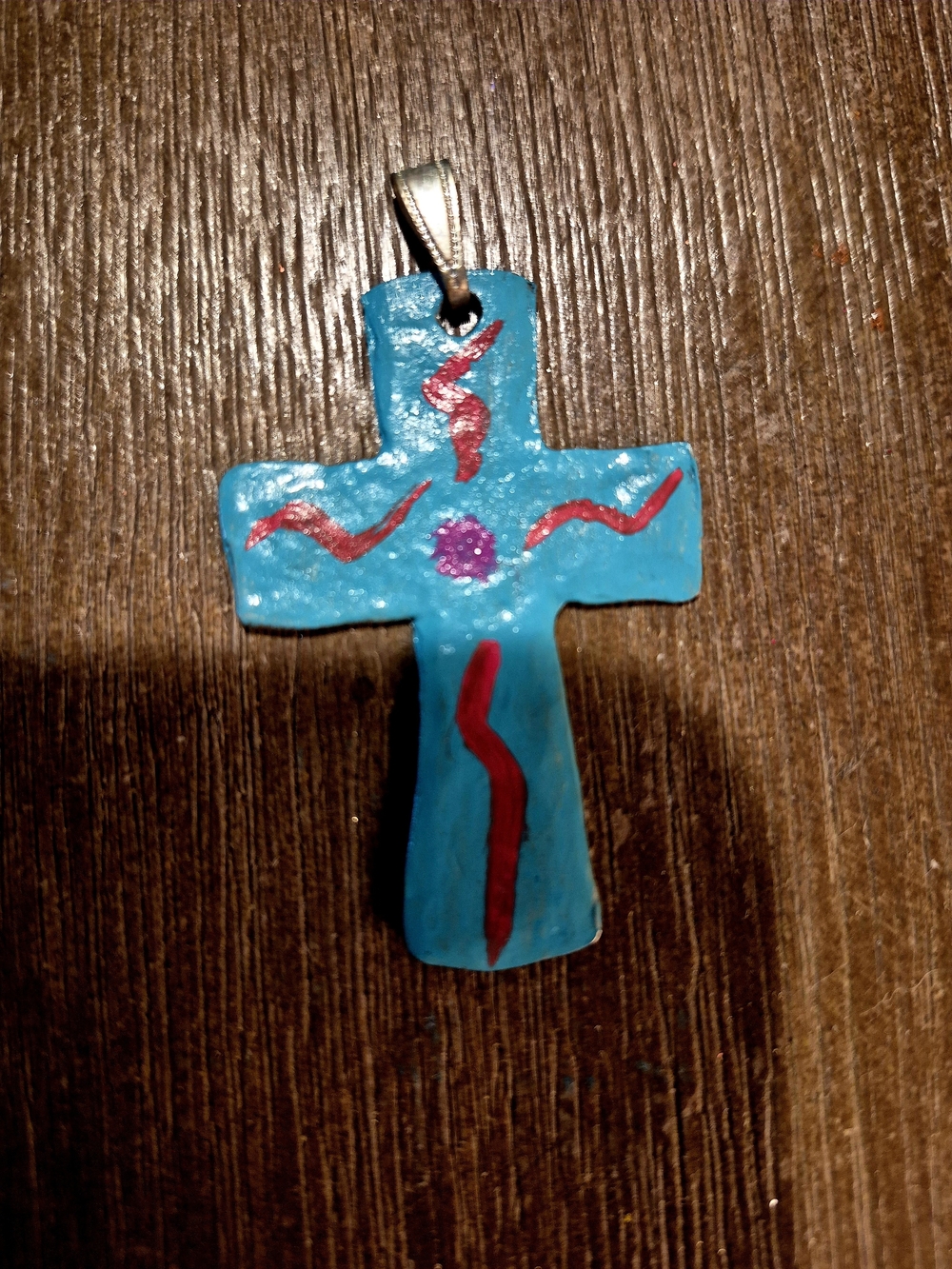 Handpainted Turquoise Cross Pendant with Red Accents